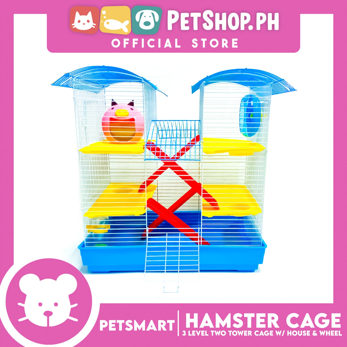 Hamster Cage (M025) 3 Level Two Tower Cage with House and Wheel 45cm x 28cm x 50cm