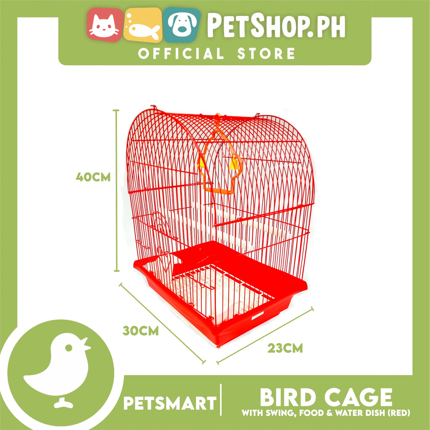Bird Cage with Swing, Food and Water Dish (1000) Red Color, 30cm x 23cm x 40cm