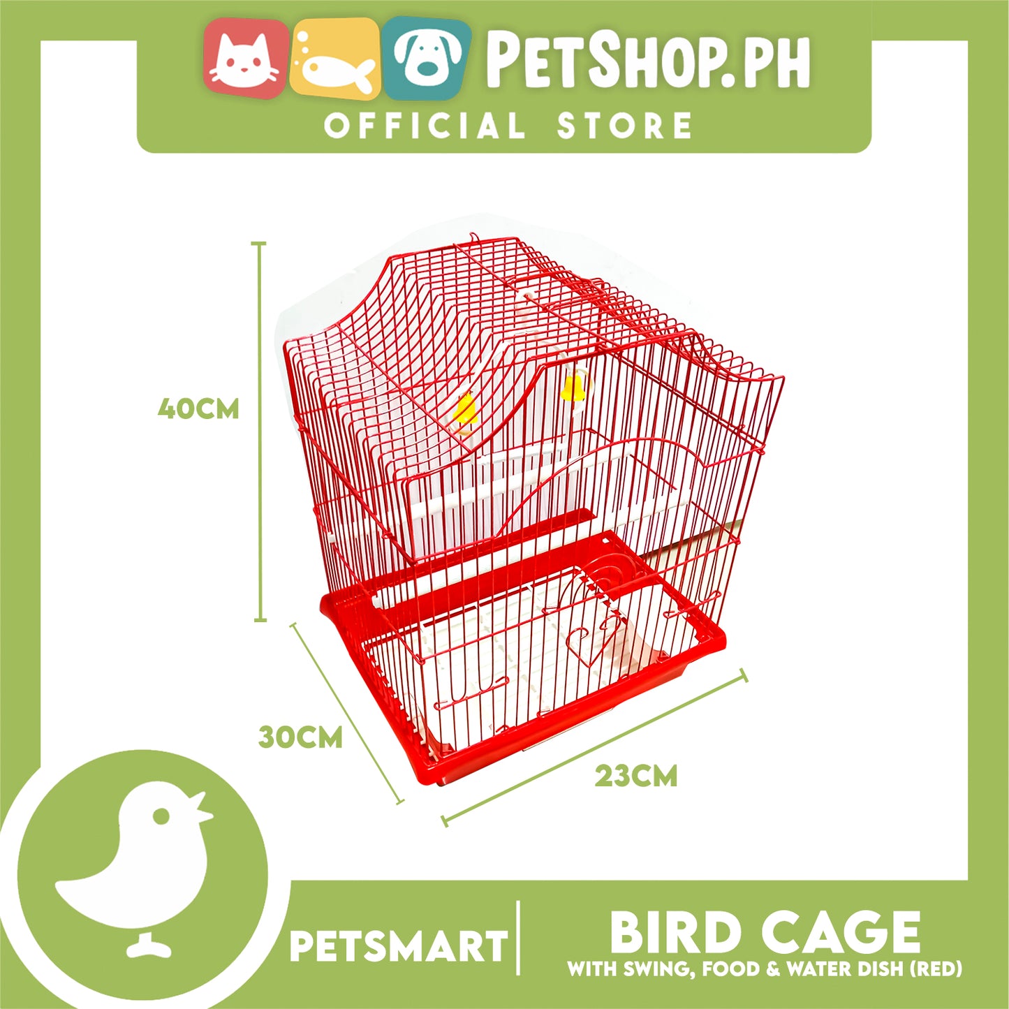 Bird Cage with Swing, Food and Water Dish (1002) Red Color, 30cm x 23cm x 40cm