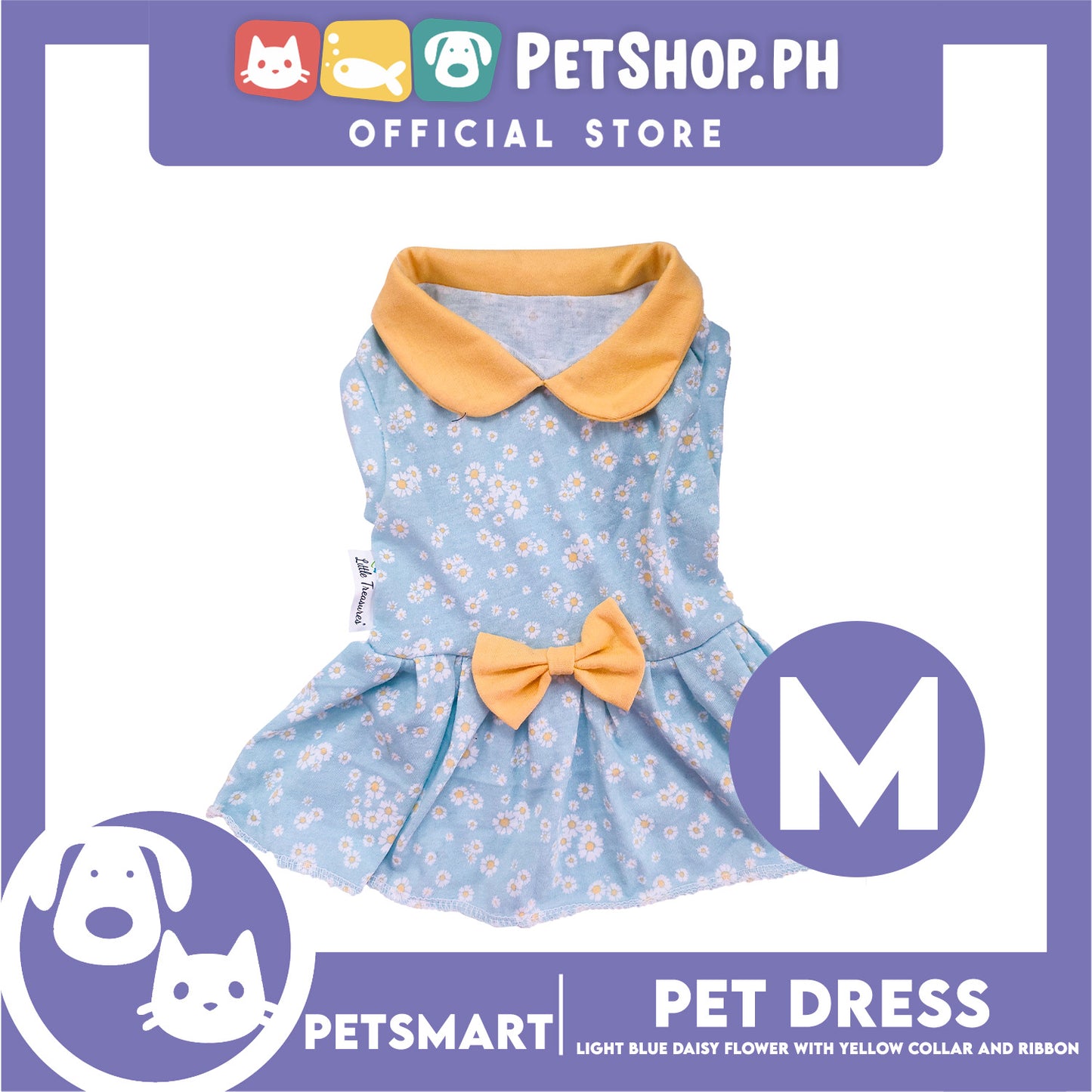 Pet Dress Light Blue Daisy Flower with Yellow Collar and Ribbon Design DG-CTN154M (Medium) Perfect Fit For Dogs And Cats