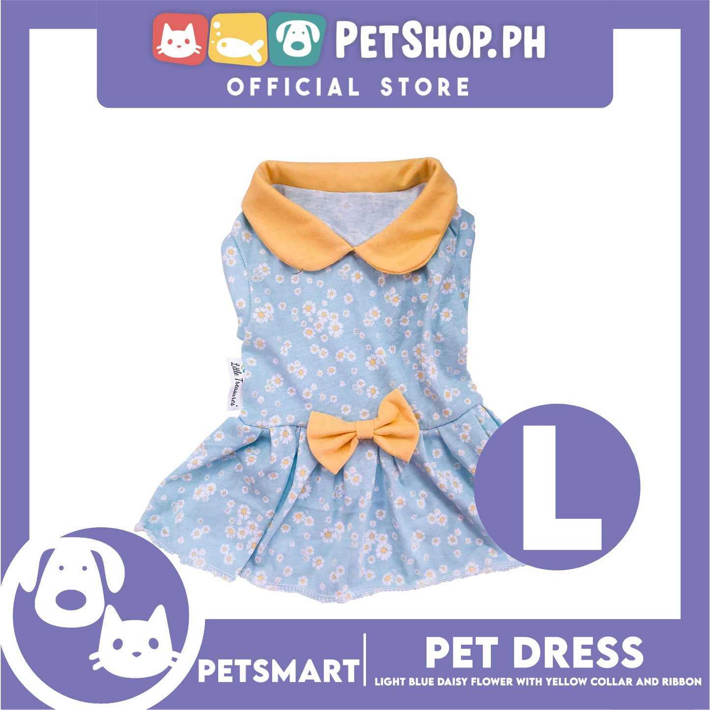 Pet Dress Light Blue Daisy Flower with Yellow Collar and Ribbon Design DG-CTN154L (Large) Perfect Fit For Dogs And Cats