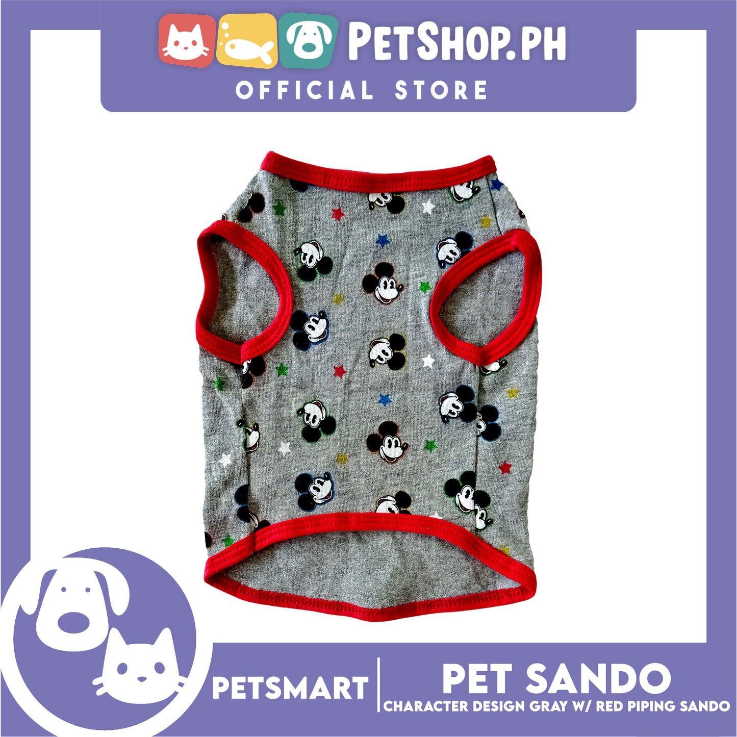 Pet Sando, Character Design Gray with Red Piping Sando DG-CTN156S (Small) Perfect Fit For Dogs And Cats, Pet Clothes, Soft and Comfortable Pet Clothing