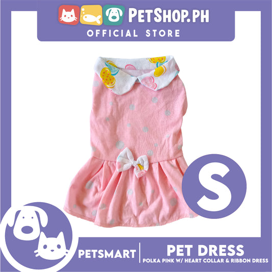 Pet Dress, Polka Pink with Heart Collar and Ribbon Design DG-CTN158S (Small) Perfect Fit For Dogs And Cats, Pet Clothes, Soft and Comfortable Pet Clothing