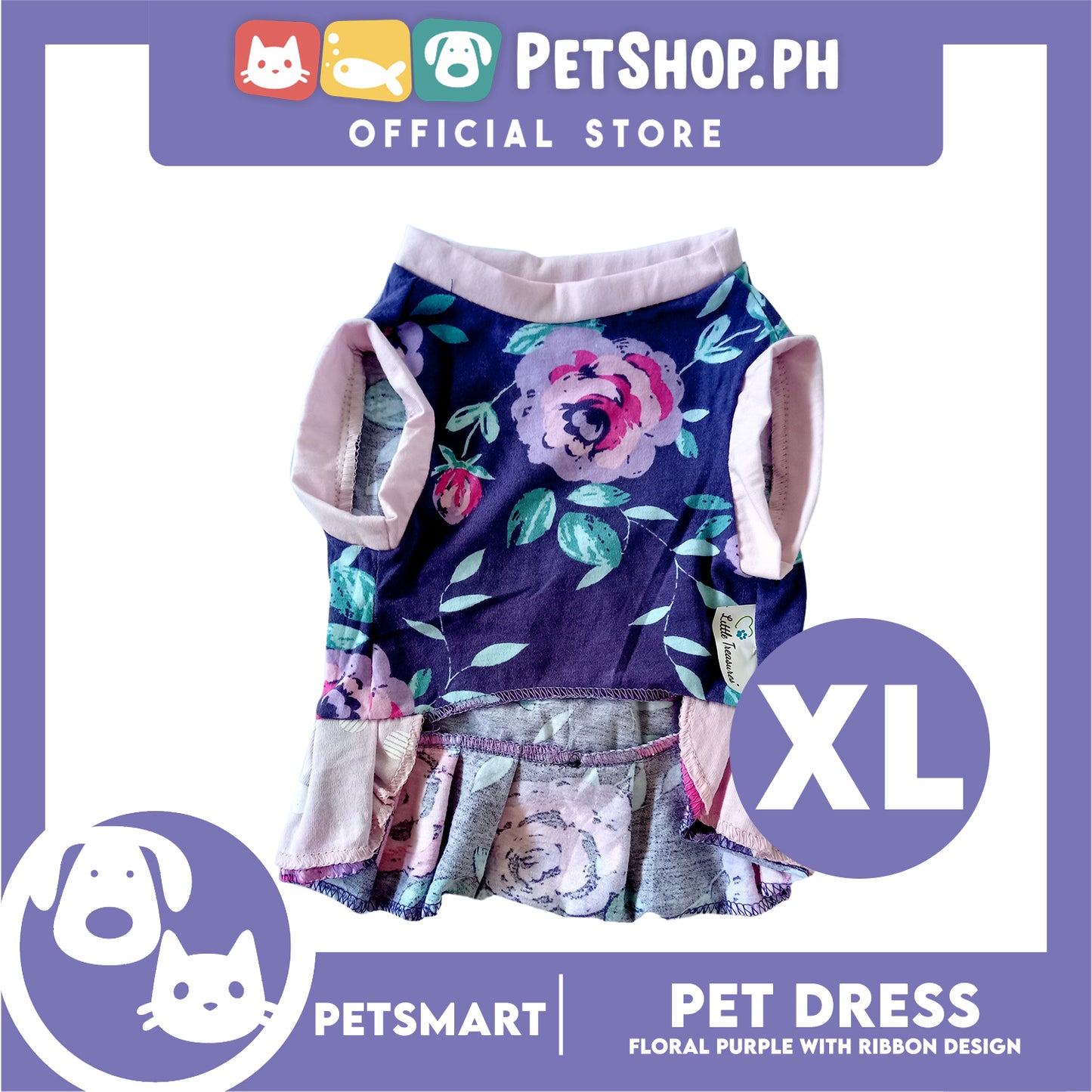 Pet Dress, Floral Purple with Ribbon Design DG-CTN159XL (XL) Perfect Fit For Dogs And Cats, Pet Clothes, Soft and Comfortable Pet Clothing