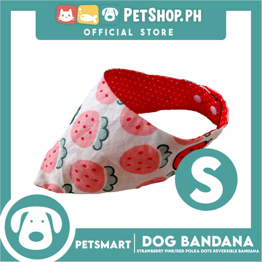 Dog Bandana, Strawberry Design, Pink with Red Polka Dots Reversible Bandana DB-CTN41S (Small) Soft and Comfortable Pet Bandana