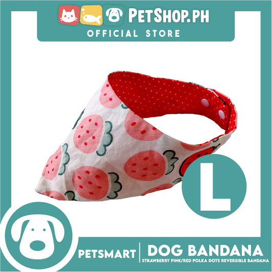 Dog Bandana, Strawberry Design, Pink with Red Polka Dots Reversible Bandana DB-CTN41L (Large) Soft and Comfortable Pet Bandana