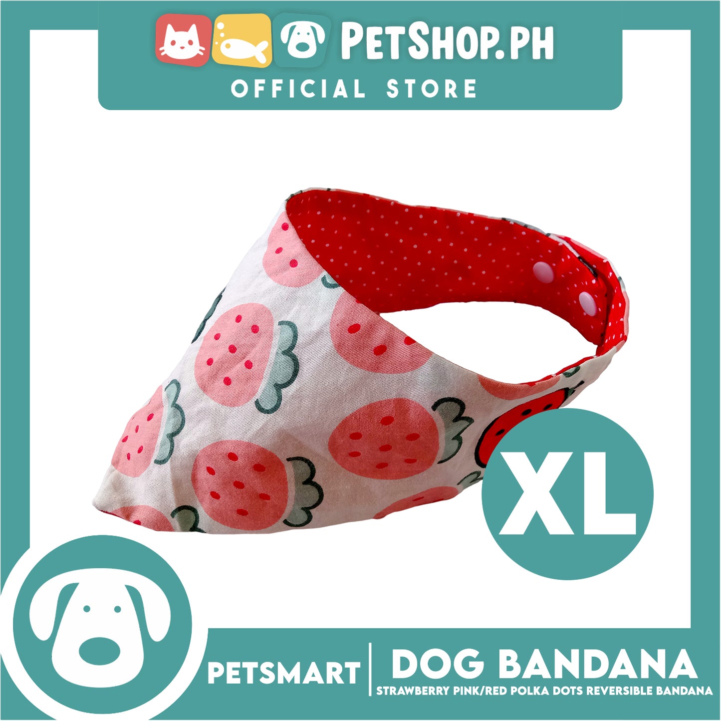Dog Bandana, Strawberry Design, Pink with Red Polka Dots Reversible Bandana DB-CTN41XL (XL) Soft and Comfortable Pet Bandana