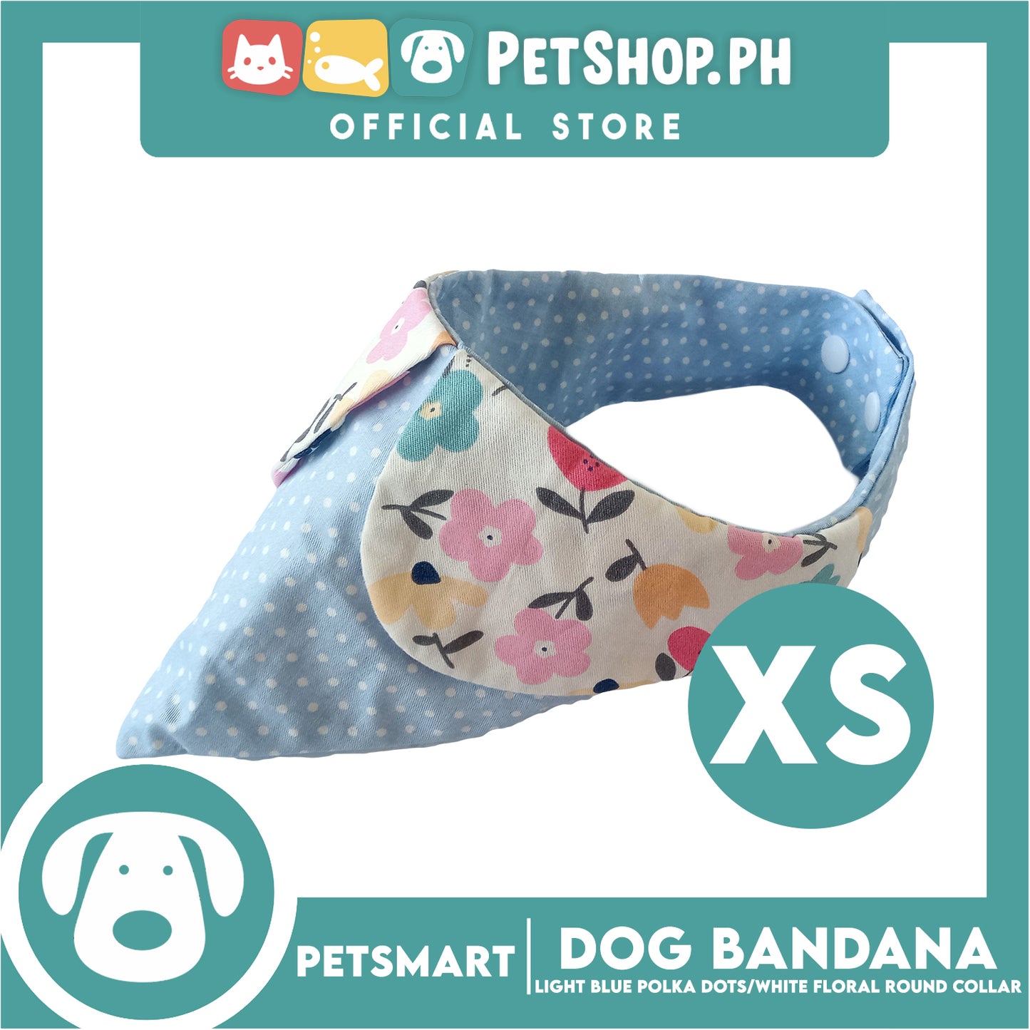 Dog Bandana, Light Blue Polka Dots with White Floral Round Collar Design DB-CTN43XS (XS) Soft and Comfortable Pet Bandana