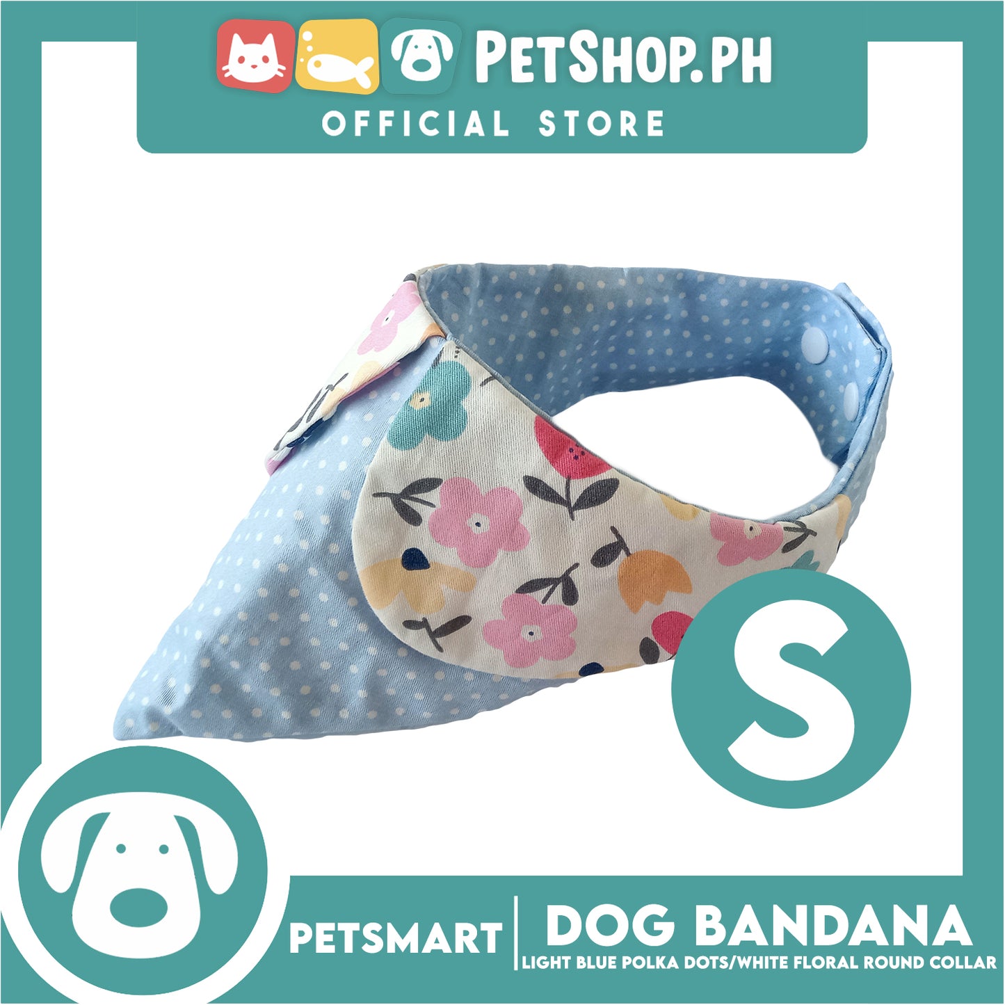 Dog Bandana, Light Blue Polka Dots with White Floral Round Collar Design DB-CTN43S (Small) Soft and Comfortable Pet Bandana