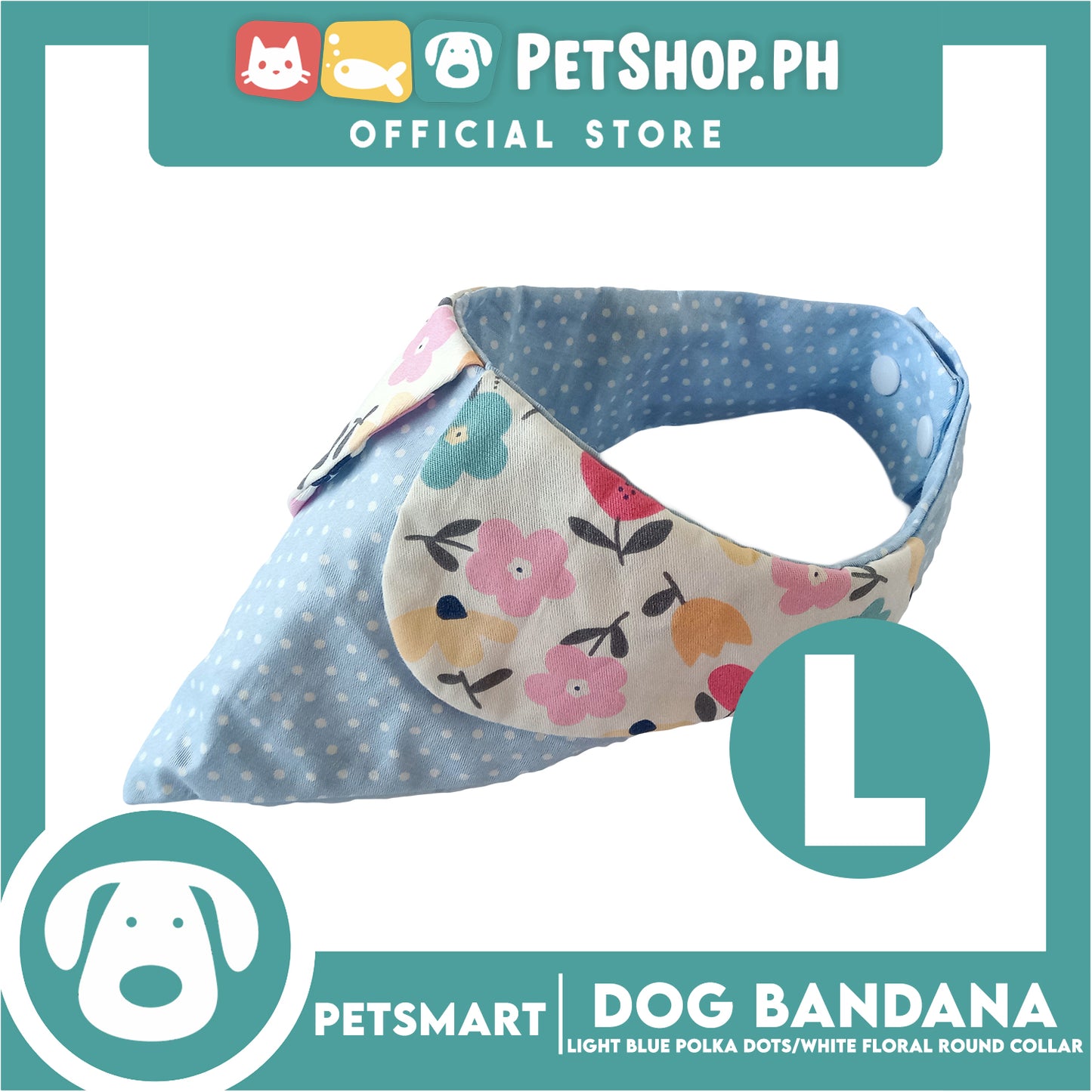 Dog Bandana, Light Blue Polka Dots with White Floral Round Collar Design DB-CTN43L (Large) Soft and Comfortable Pet Bandana