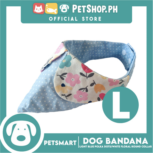 Dog Bandana, Light Blue Polka Dots with White Floral Round Collar Design DB-CTN43L (Large) Soft and Comfortable Pet Bandana