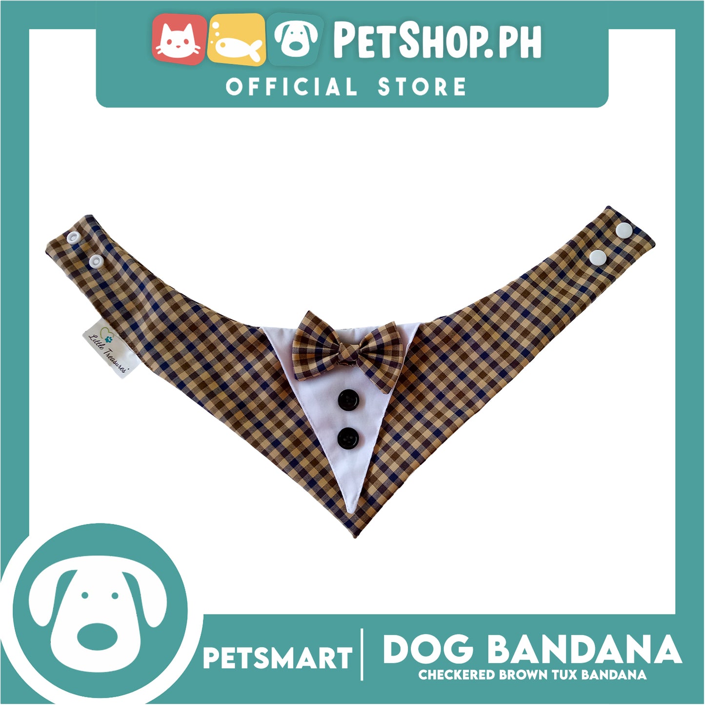 Dog Bandana, Checkered Brown Tuxedo Design Bandana DB-CTN44M (Medium) Soft and Comfortable Pet Bandana