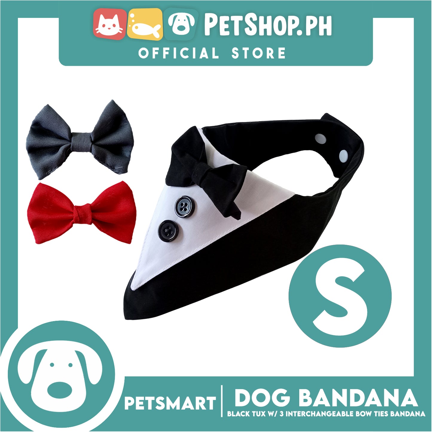 Dog Bandana, Black Tuxedo with 3 Interchangeable Bow Ties DB-CTN45S (Small) Soft and Comfortable Pet Bandana