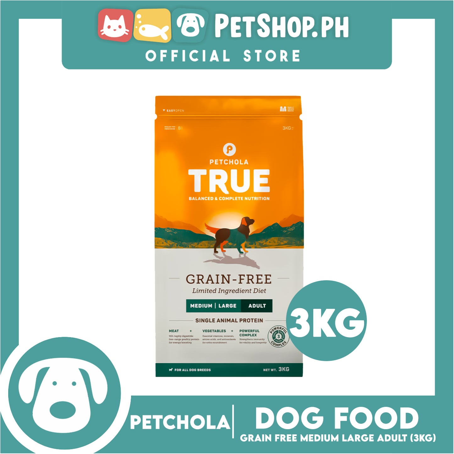 Petchola True Balanced and Complete Nutrition, Grain-Free Medium Large Adult 3kg Dry Dog Food