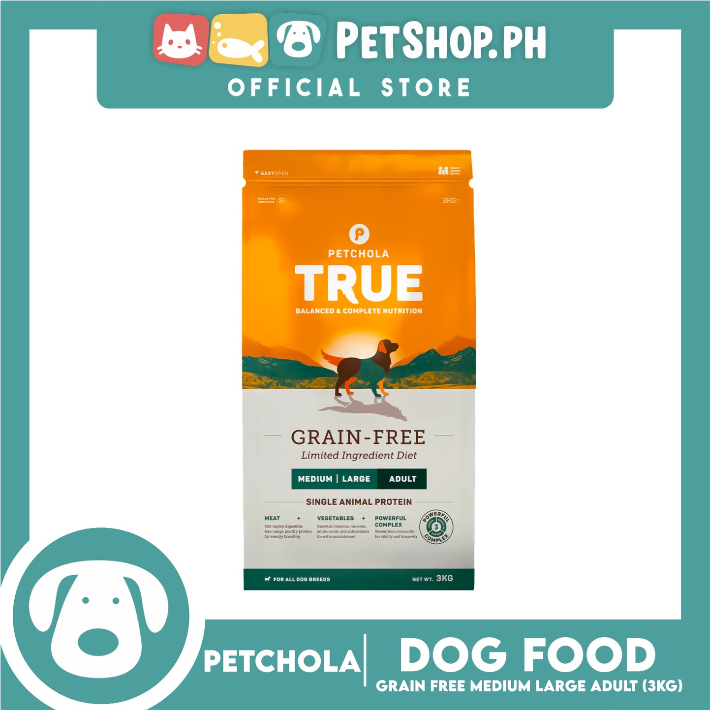 Petchola True Balanced and Complete Nutrition, Grain-Free Medium Large Adult 3kg Dry Dog Food