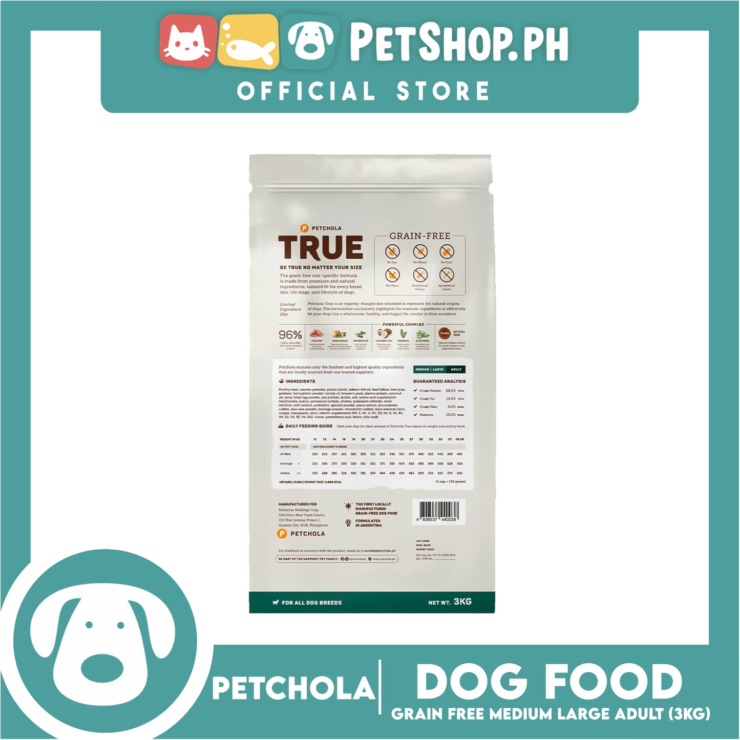 Petchola True Balanced and Complete Nutrition, Grain-Free Medium Large Adult 3kg Dry Dog Food