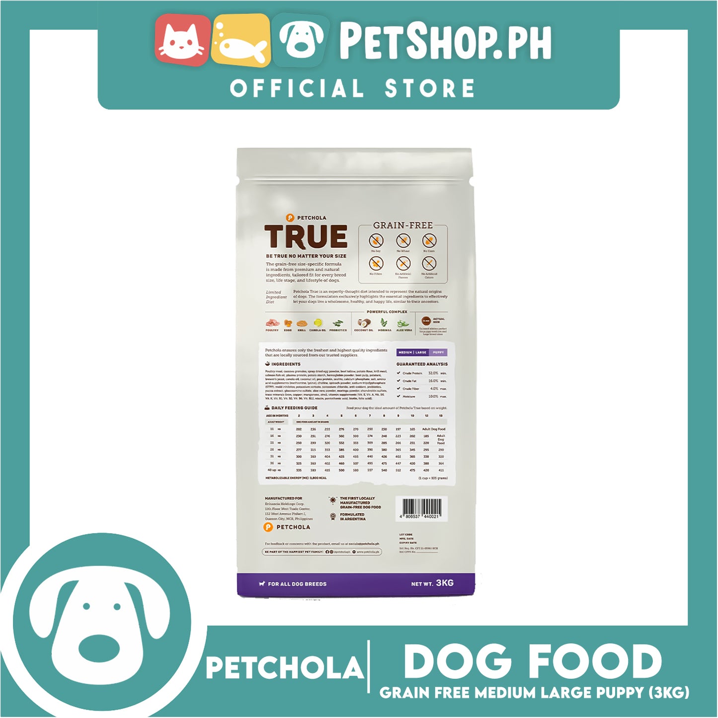 Petchola True Balanced and Complete Nutrition, Grain-Free Dry Dog Food for Puppy (3kg)