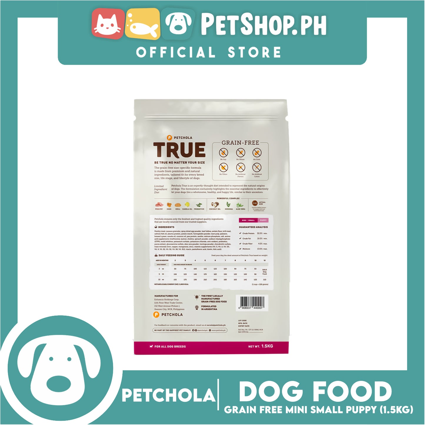 Petchola True Balanced and Complete Nutrition, Grain-Free Mini Small Puppy 1.5kg Dry Dog Food