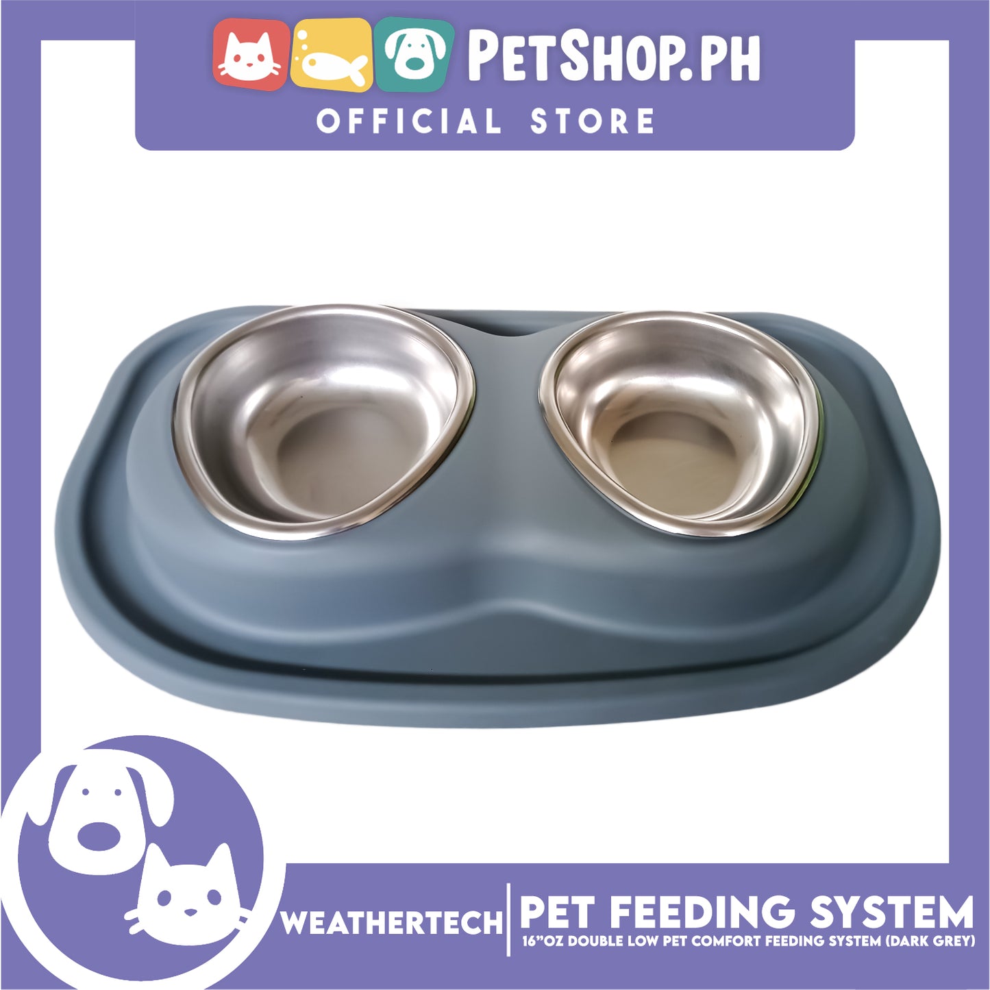 Weather Tech, Double Low Pet Comfort Feeding System 16oz (Dark Grey) DLI602DG Compact and Portable Dog and Cat Food and Water Station