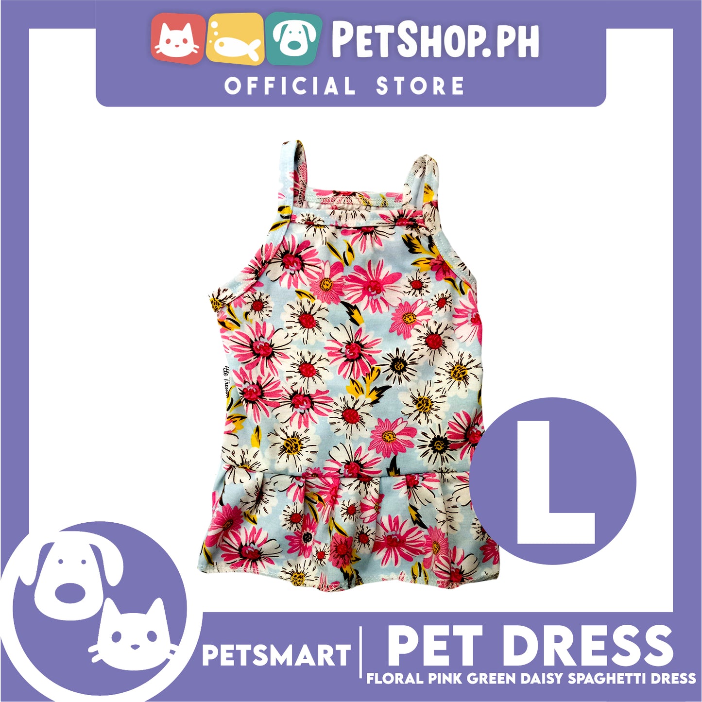 Pet Dress Floral Design, Pink Green Color Daisy Spaghetti Dress (Large) Perfect Fit for Dogs and Cats