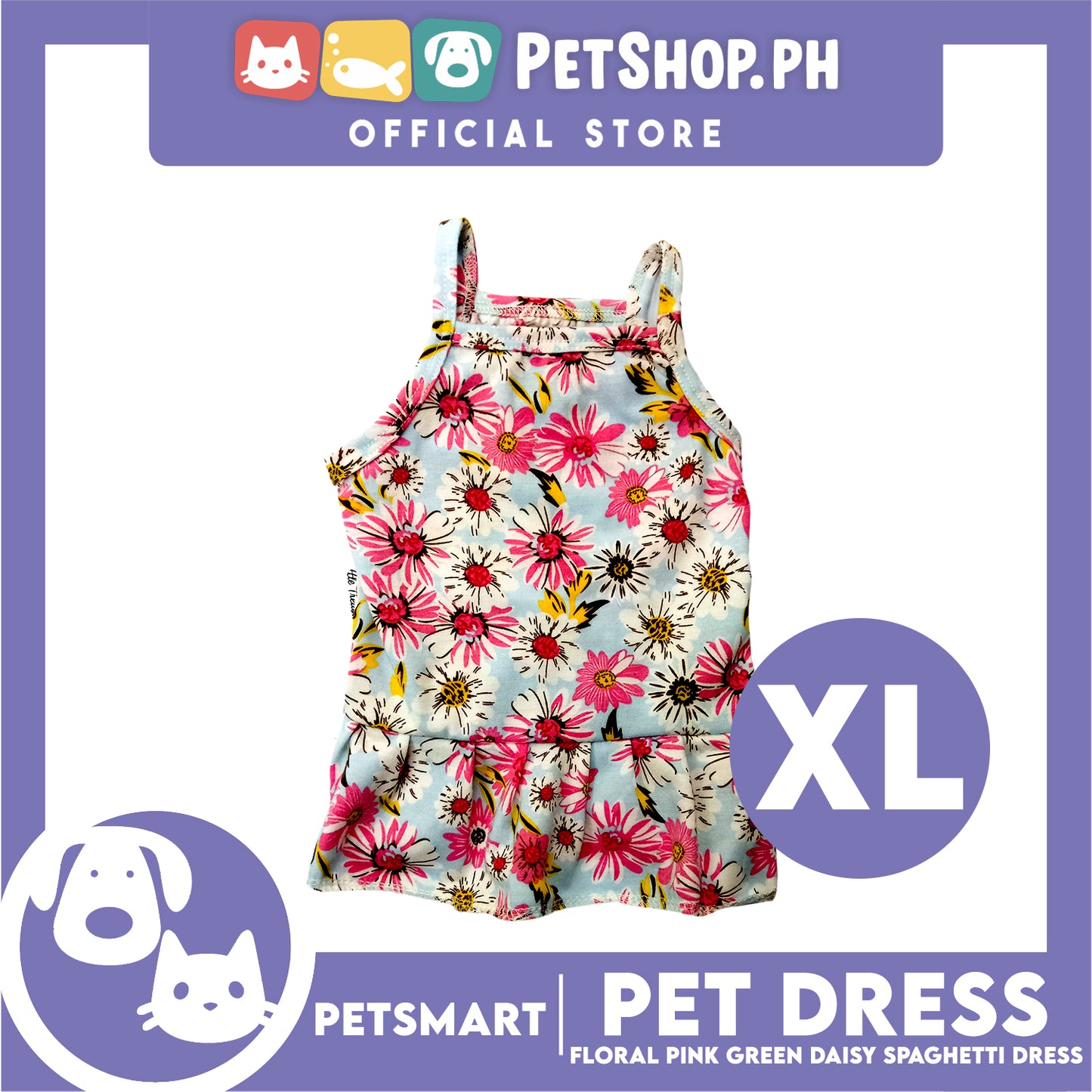 Pet Dress Floral Design, Pink Green Color Daisy Spaghetti Dress (XL) Perfect Fit for Dogs and Cats