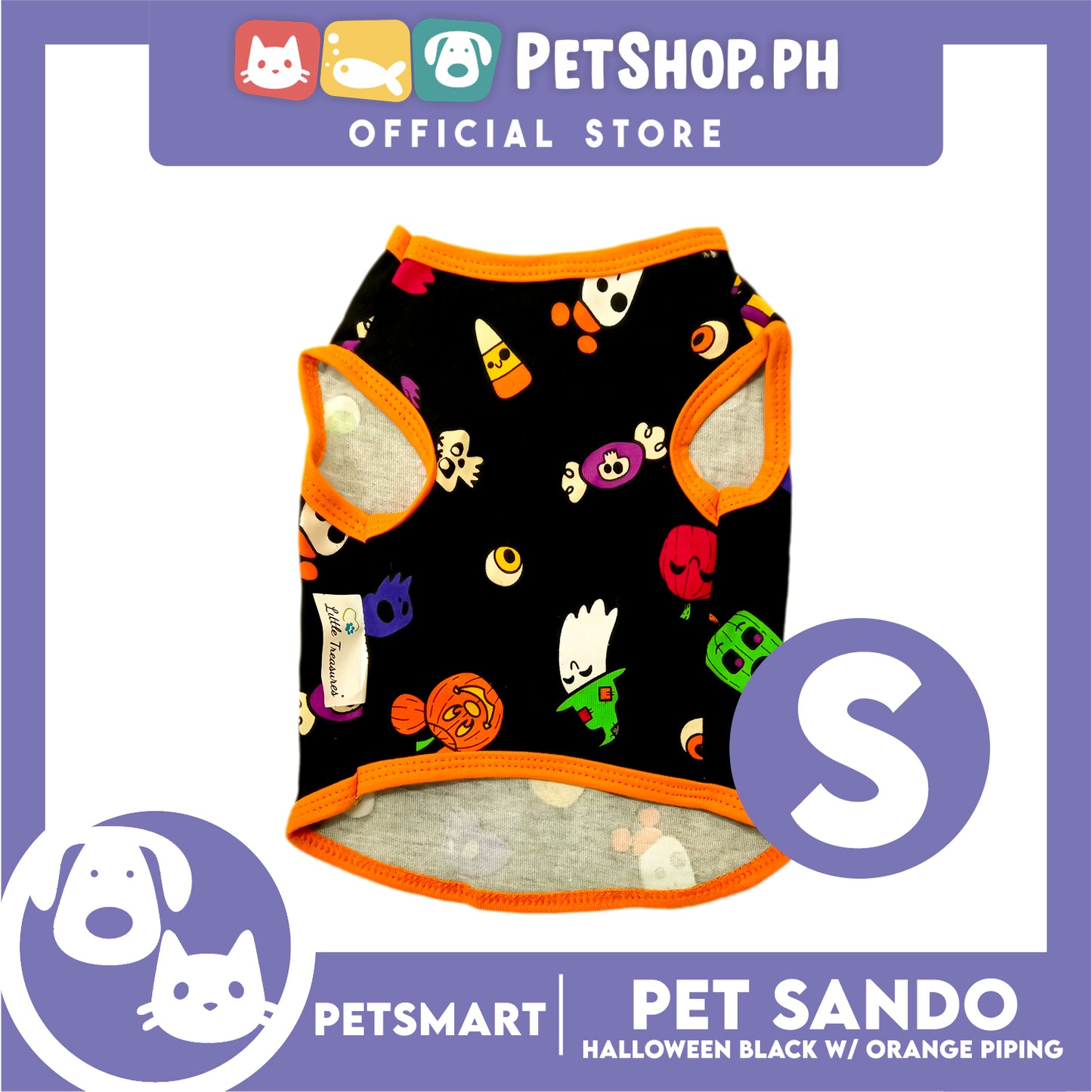 Pet Sando Halloween Design, Black with Orange Color Piping Sando (Small) Perfect Fit for Dogs and Cats