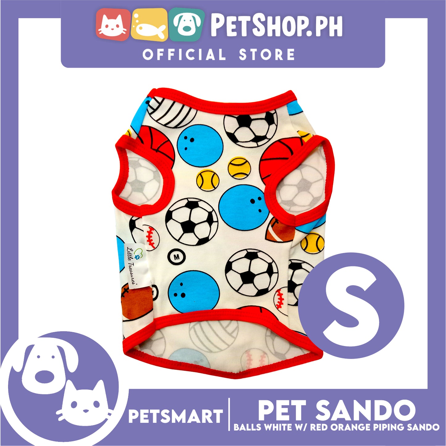 Pet Sando Balls Design, White with Red Orange Color Piping Sando (Small) Perfect Fit for Dogs and Cats