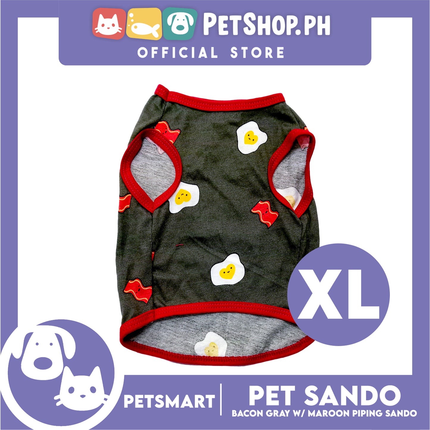 Pet Sando Bacon and Egg Designs, Gray with Maroon Color Piping Sando (XL) Perfect Fit for Dogs and Cats