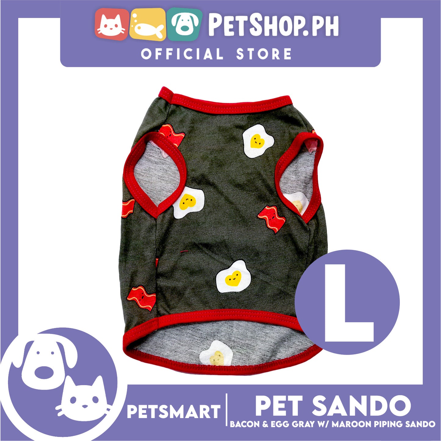 Pet Sando Bacon and Egg Designs, Gray with Maroon Color Piping Sando (Large) Perfect Fit for Dogs and Cats