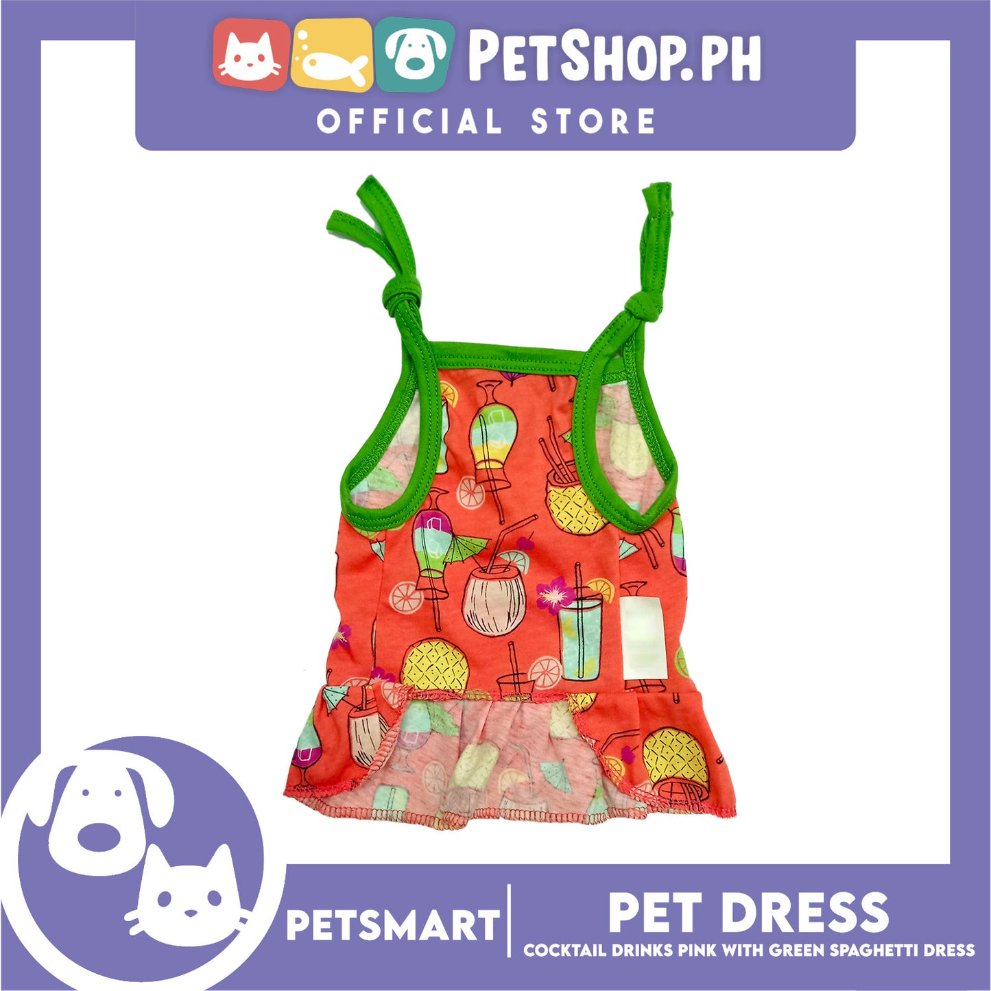 Pet Dress Cocktail Design, Pink with Green Color Spaghetti Dress (Large) Perfect Fit for Dogs and Cats