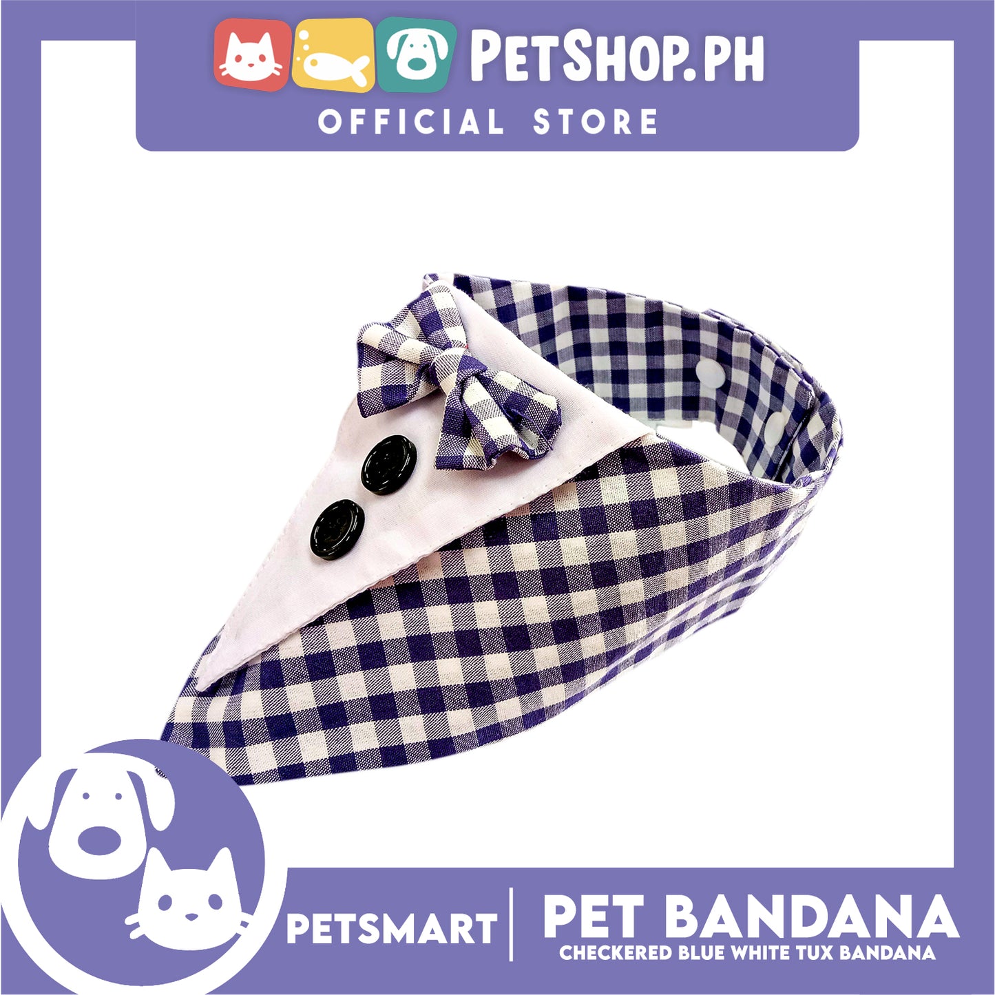 Pet Bandana Checkered Blue White Tuxedo Bandana Design (Small) Perfect Fit for Dogs and Cats