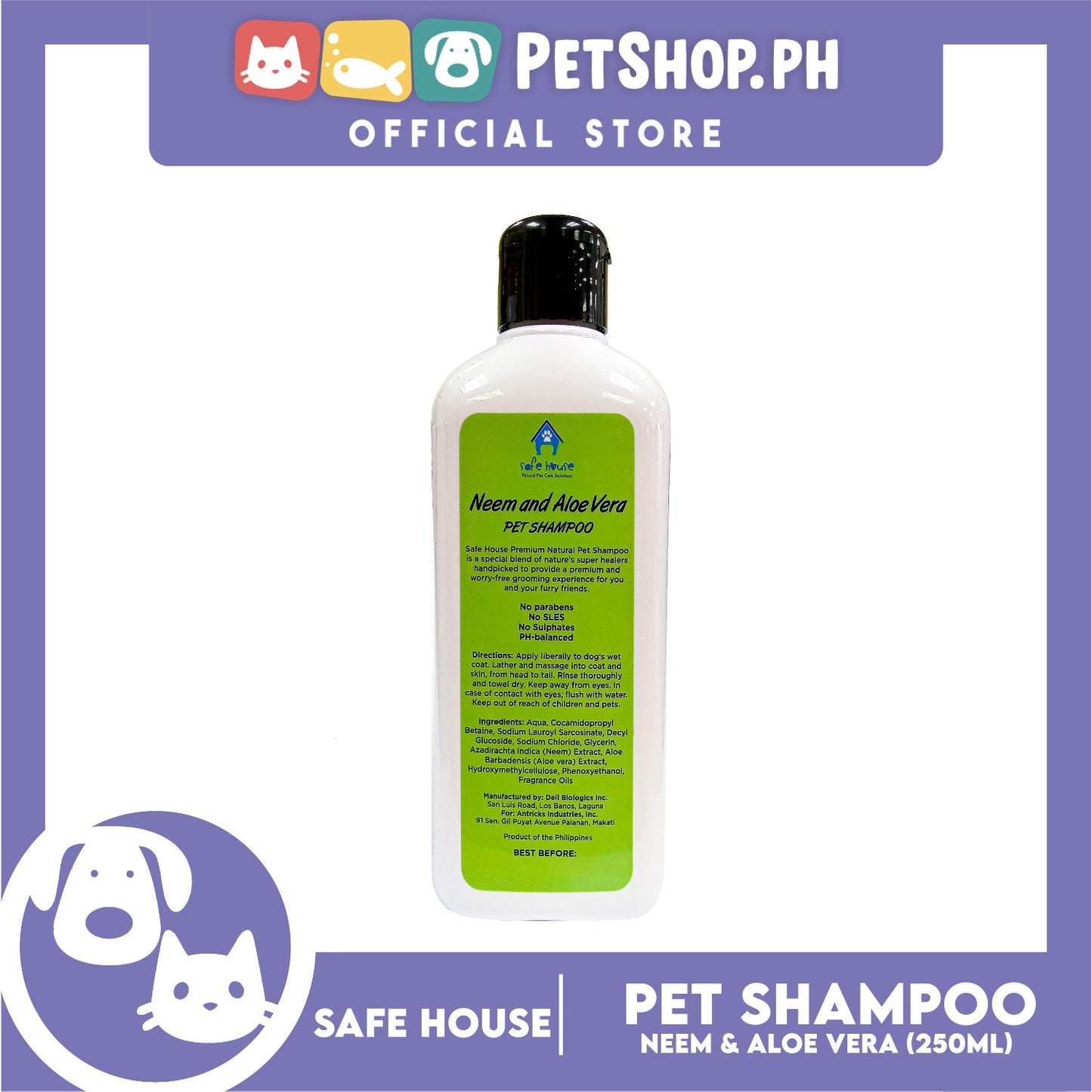 Safe House Natural Pet Care Solutions Pet Shampoo 250ml (Neem and Aloe Vera) Moisturizing