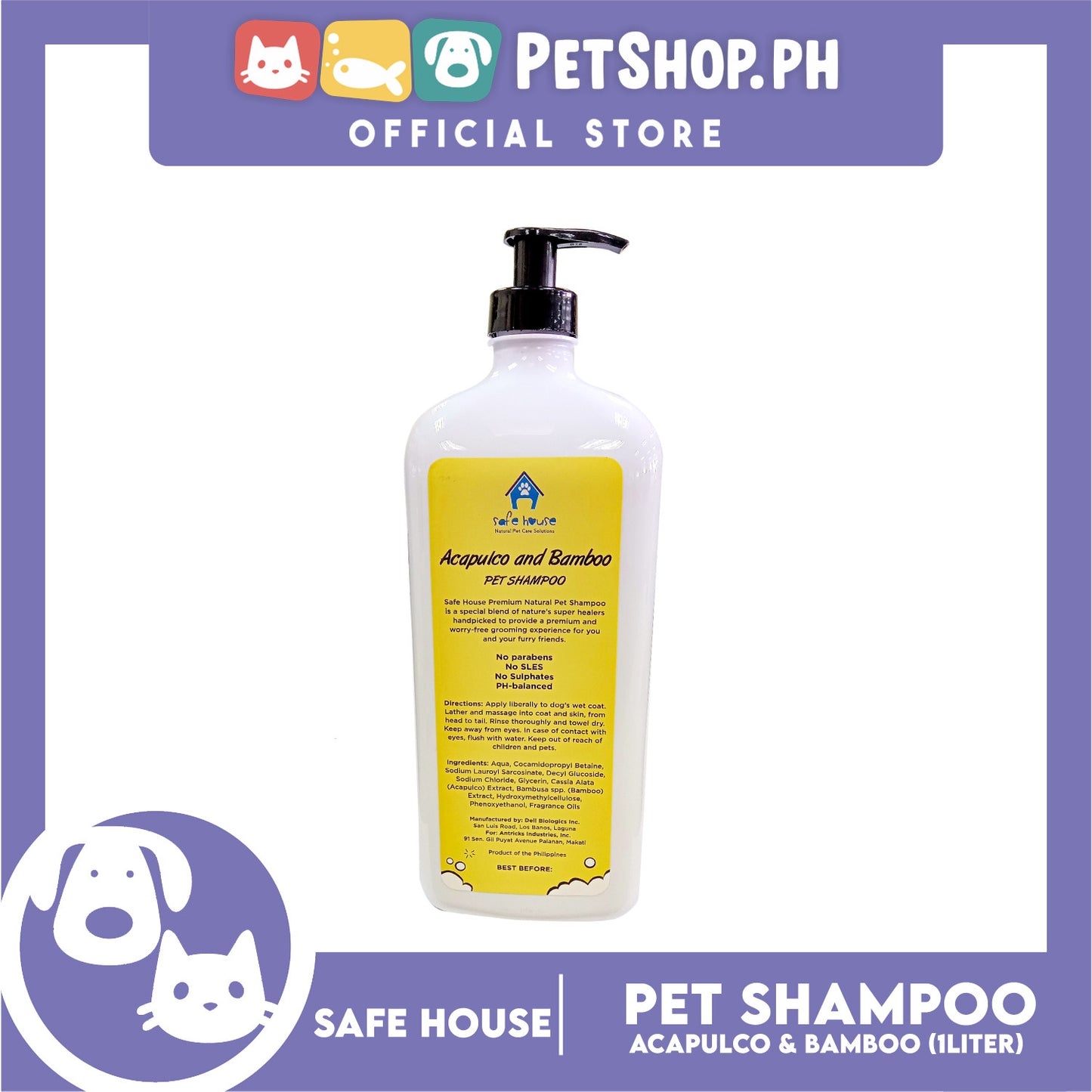 Safe House Natural Pet Care Solutions Pet Shampoo 1000ml (Acapulco and Bamboo) Healthy and Shiny Coat