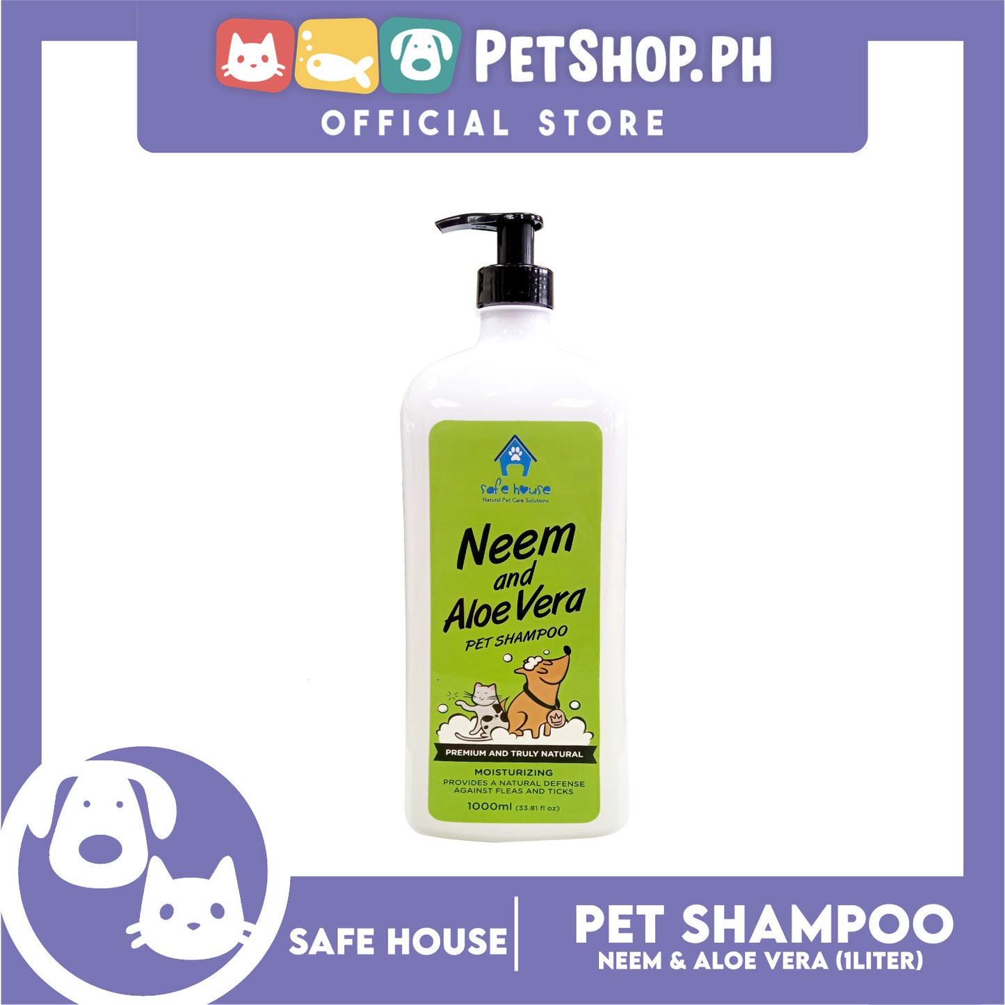 Safe House Natural Pet Care Solutions Pet Shampoo 1000ml (Neem and Aloe Vera) Moisturizing