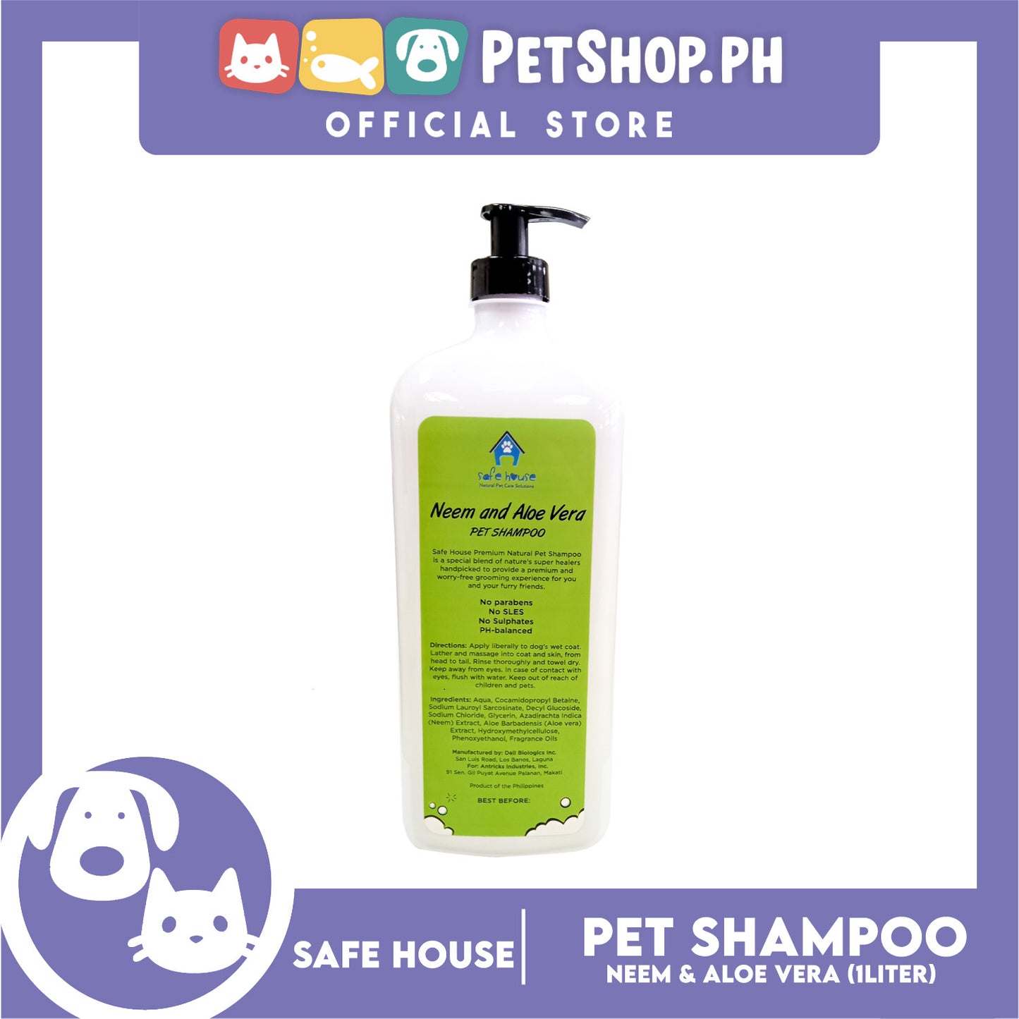Safe House Natural Pet Care Solutions Pet Shampoo 1000ml (Neem and Aloe Vera) Moisturizing
