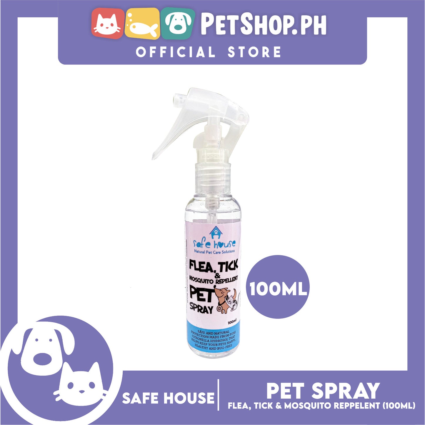 Safe House Natural Pet Care Solutions Flea, Tick and Mosquito Repellent Pet Spray 100ml
