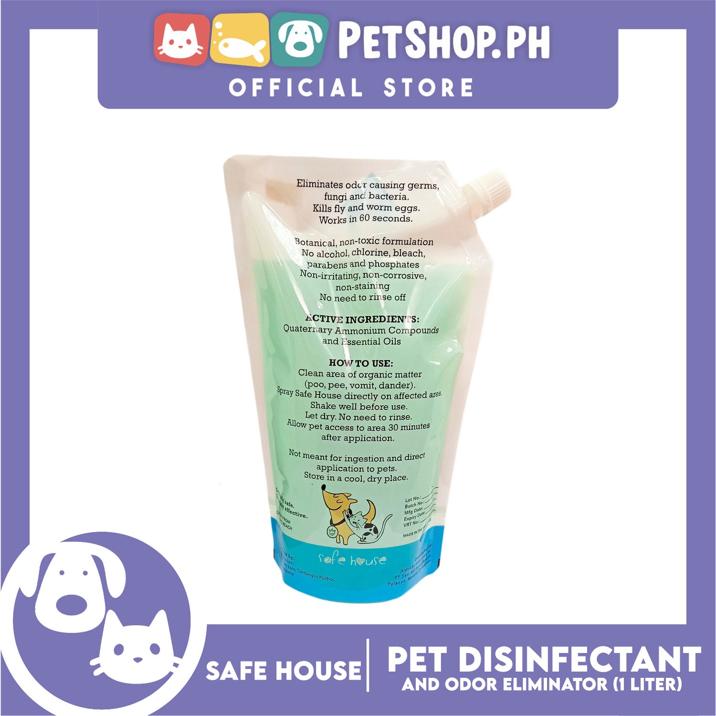 Safe House Natural Pet Care Solutions Pet Area Disinfectant and Odor Eliminator Refill Pack 1Liter
