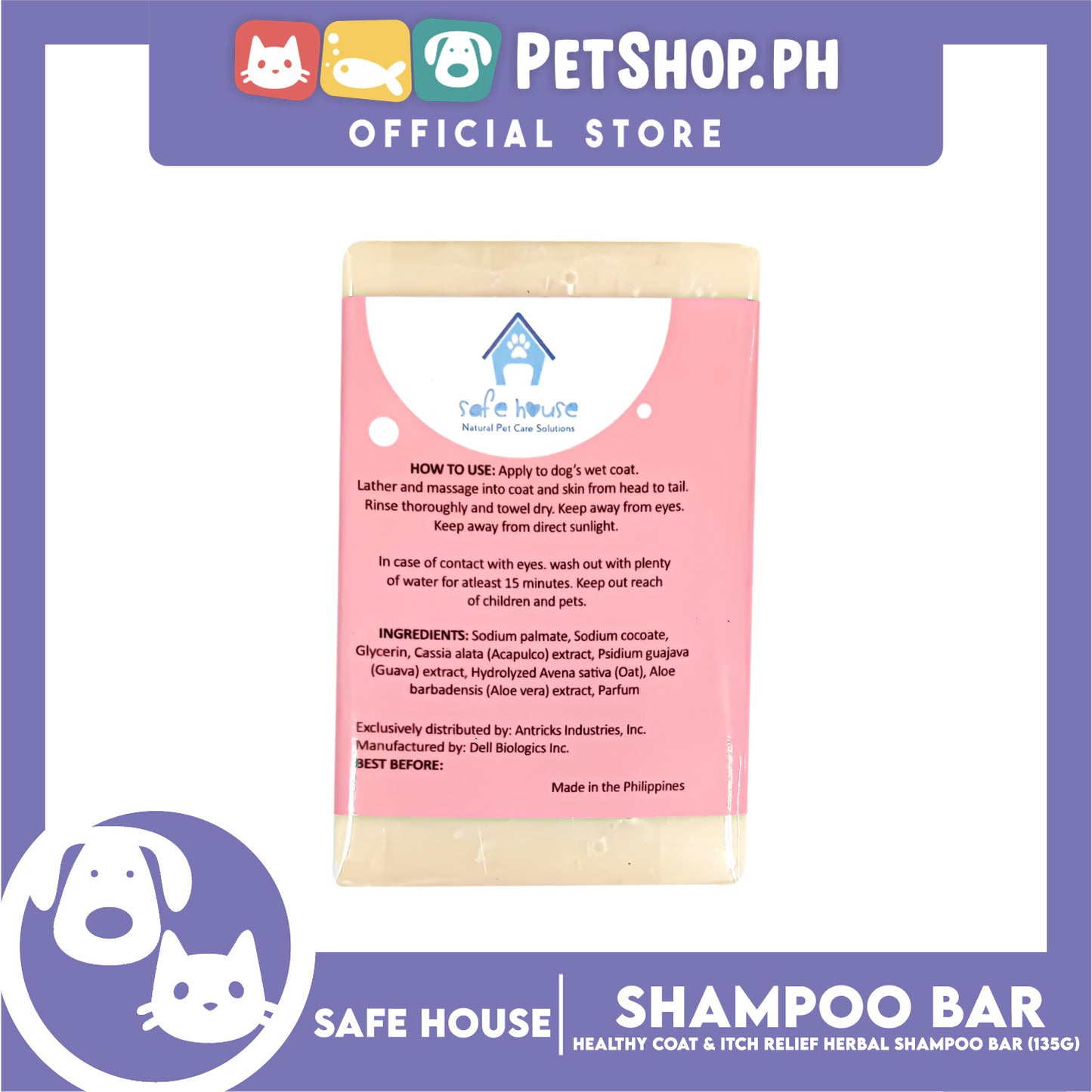 Safe House Natural Pet Care Solutions Herbal Shampoo Bar 135g (Healthy Coat and Itch Relief)