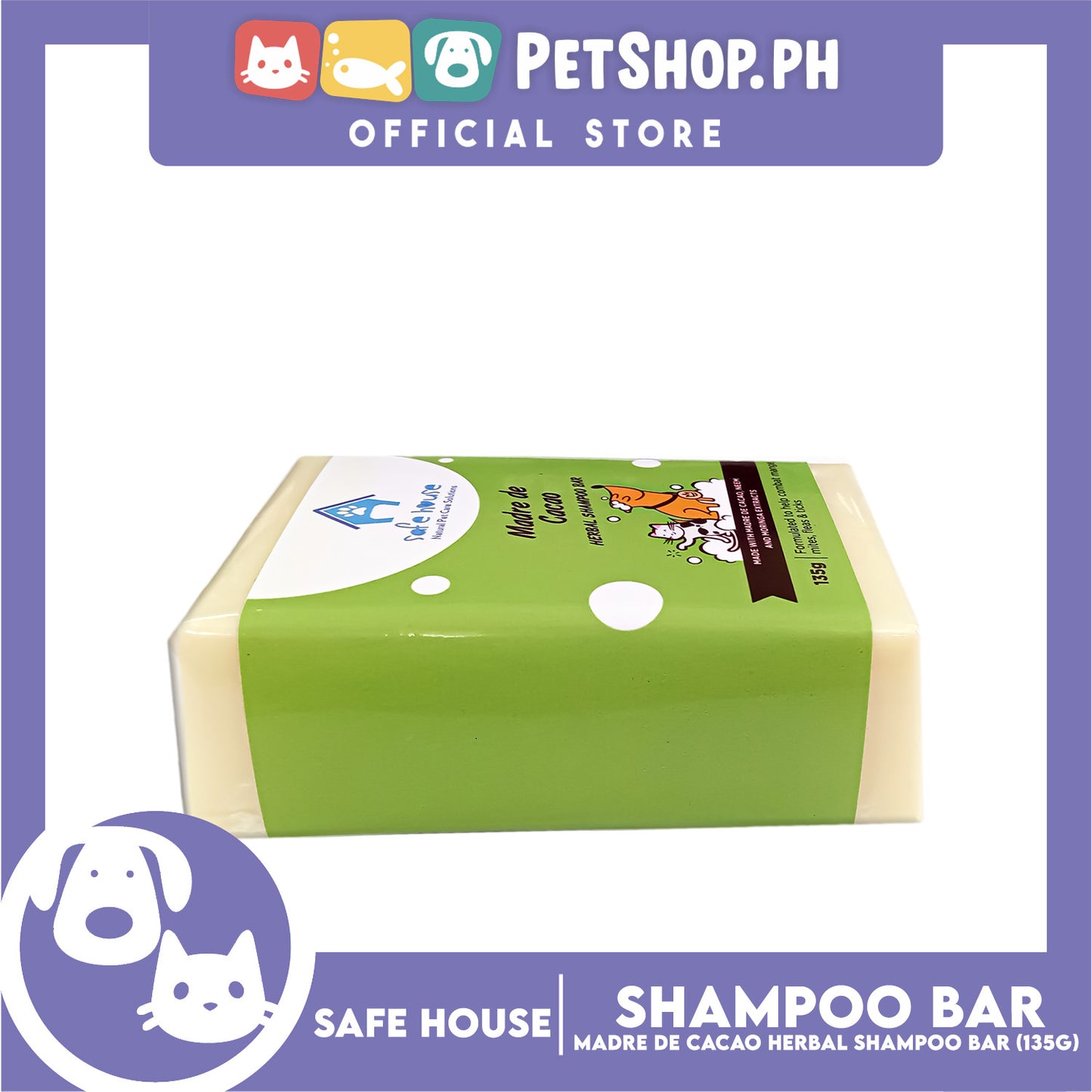 Safe House Natural Pet Care Solutions Herbal Shampoo Bar 135g (Madre de Cacao)