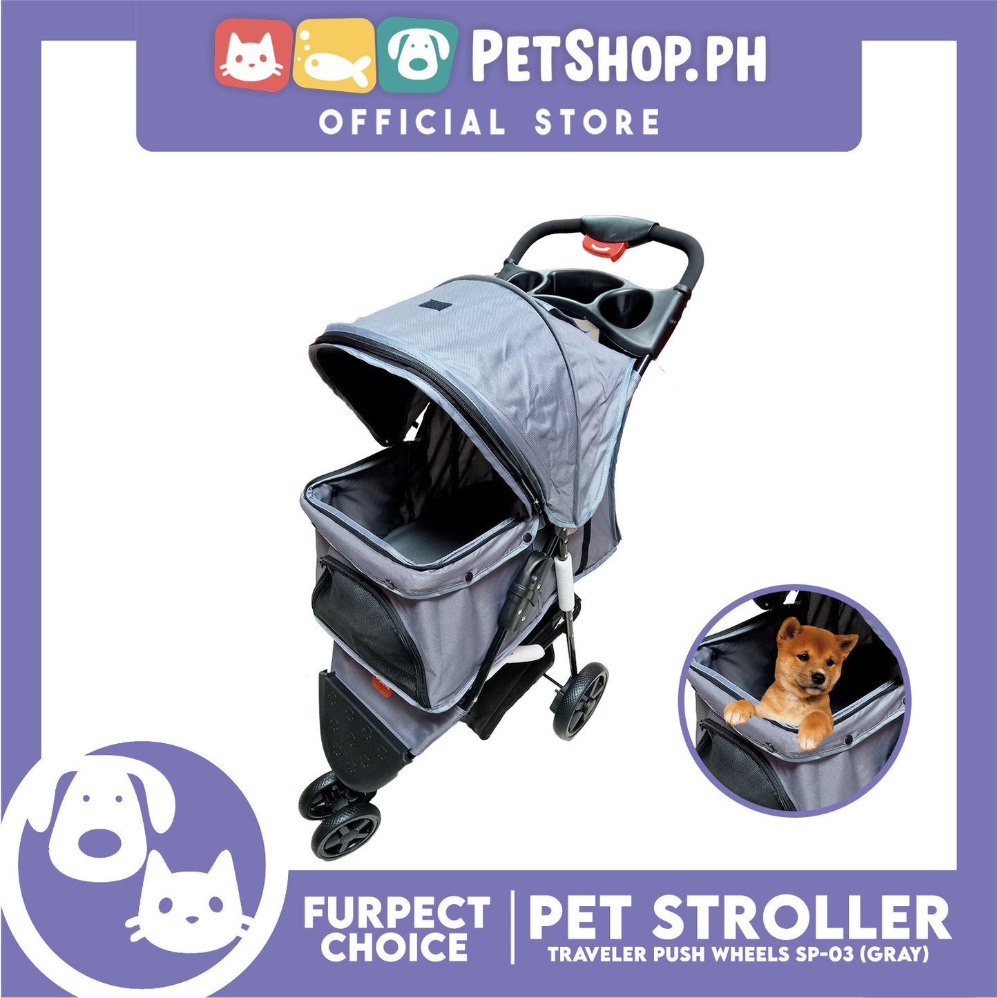 Furfect Choice Foldable 3-Wheeled Travel Stroller For Dog And Cat Accessories SP-03 (Gray)