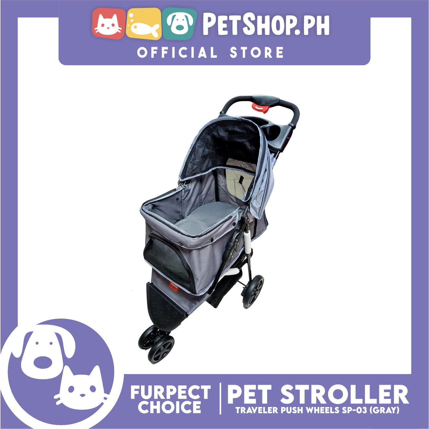 Furfect Choice Foldable 3-Wheeled Travel Stroller For Dog And Cat Accessories SP-03 (Gray)