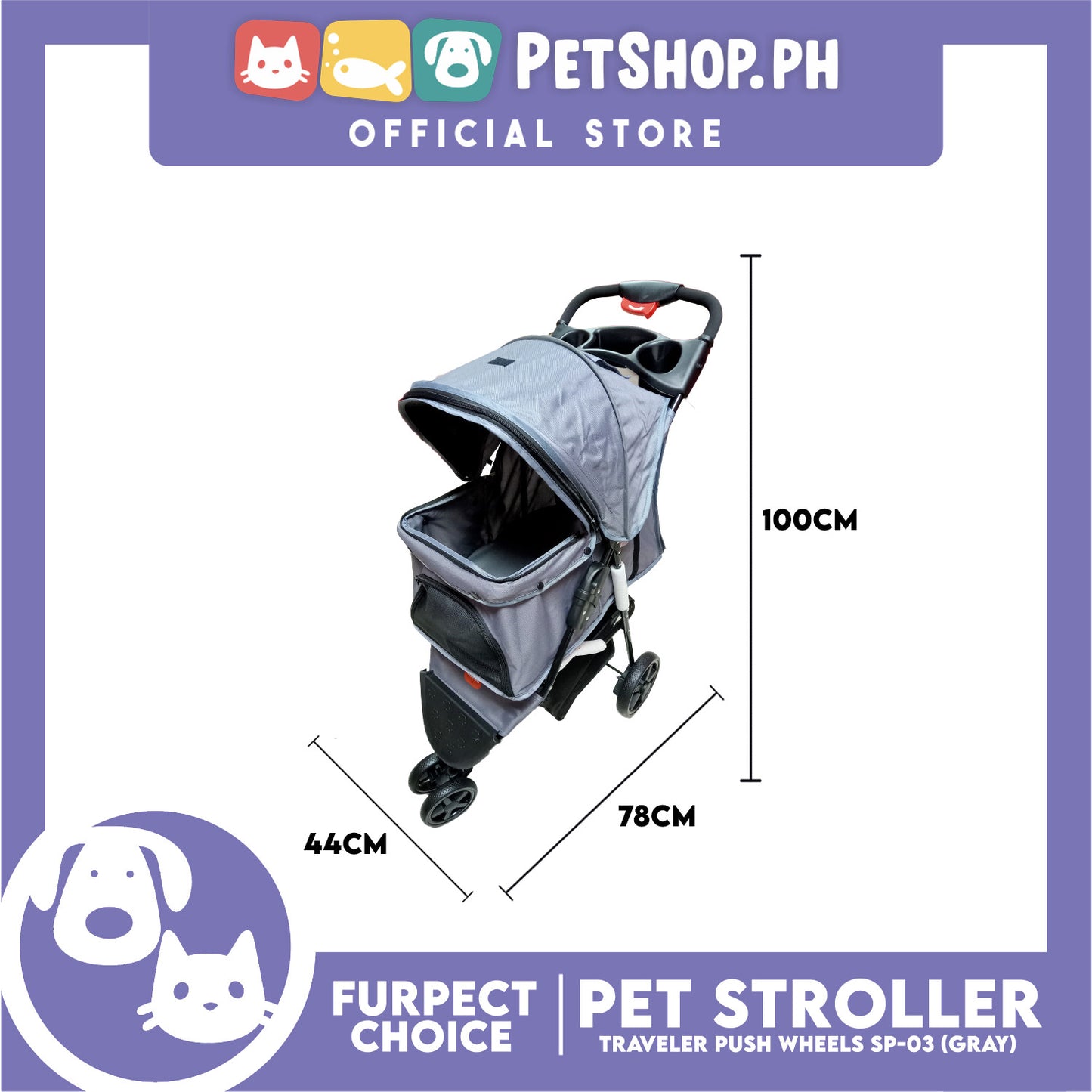 Furfect Choice Foldable 3-Wheeled Travel Stroller For Dog And Cat Accessories SP-03 (Gray)