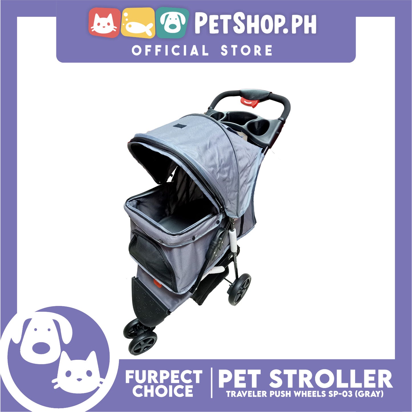 Furfect Choice Foldable 3-Wheeled Travel Stroller For Dog And Cat Accessories SP-03 (Gray)