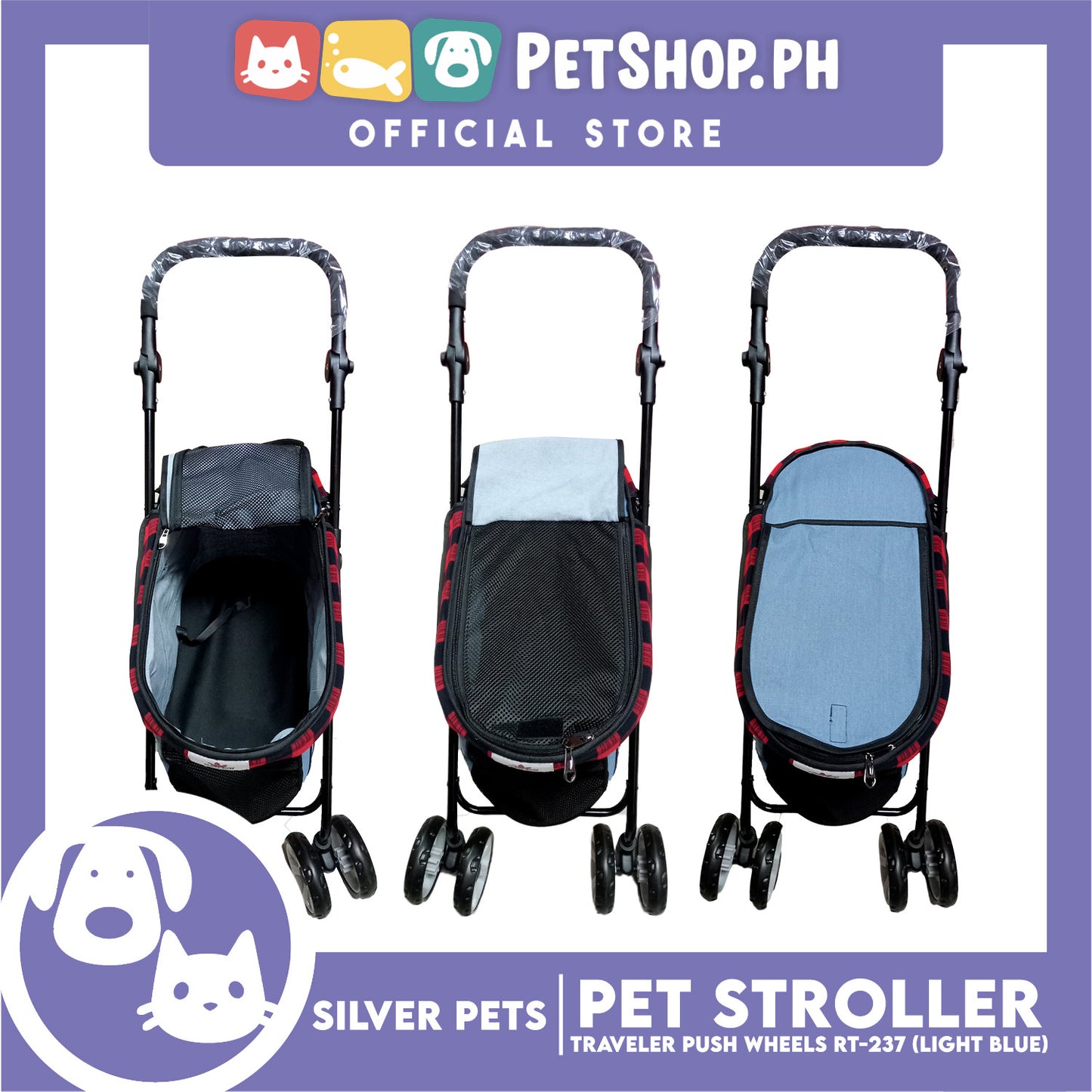 Silver Pet Foldable 4-Wheeled Travel Stroller For Dog And Cat Accessories (Light Blue) RT-237