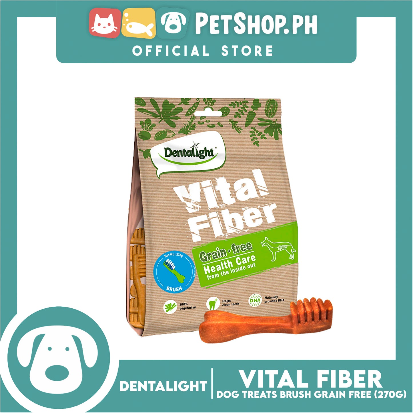 Dentalight Vital Fiber Grain Free Health Care Dental Brush Dog Treats 270g
