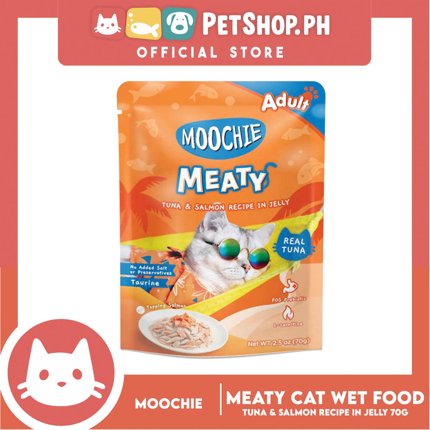Moochie Meaty Cat Wet Food for Adult 70g (Tuna and Salmon Recipe in Jelly)