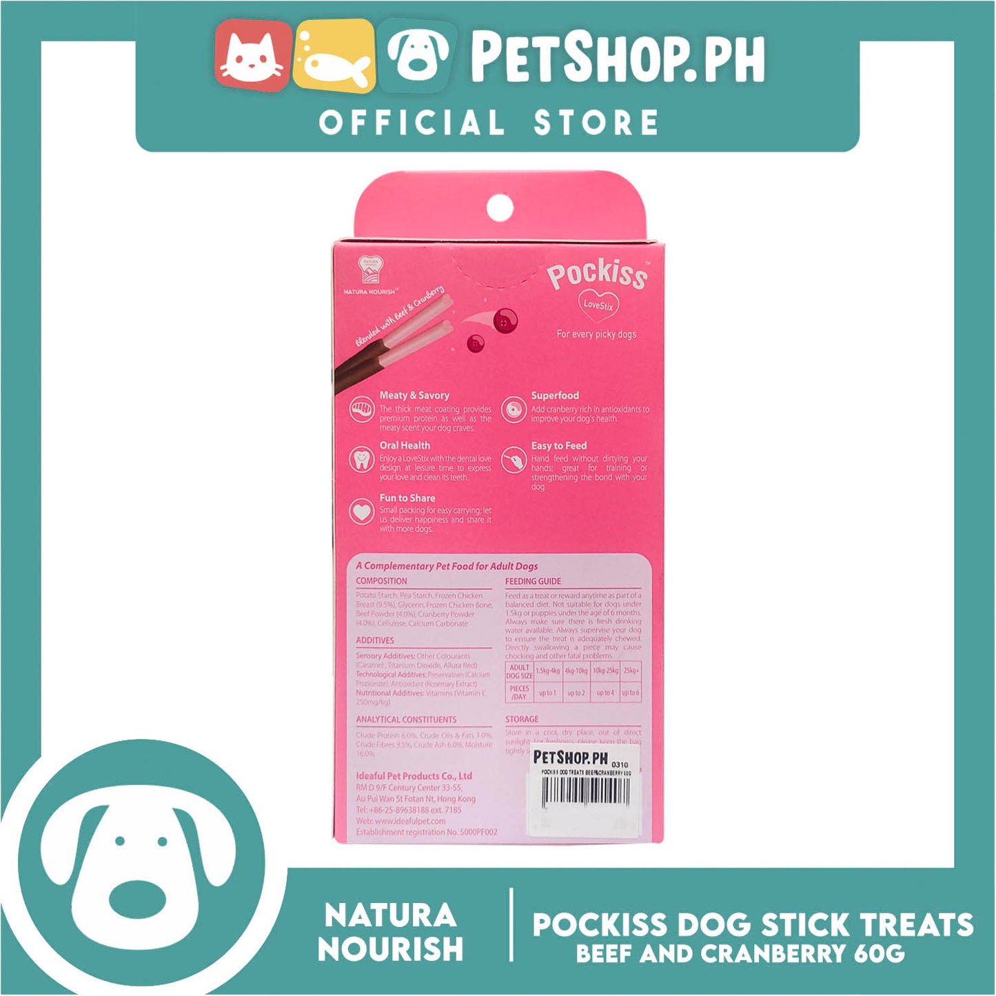 Natura Nourish Pockiss LoveStix Dog Treats (Beef and Cranberry) 60g