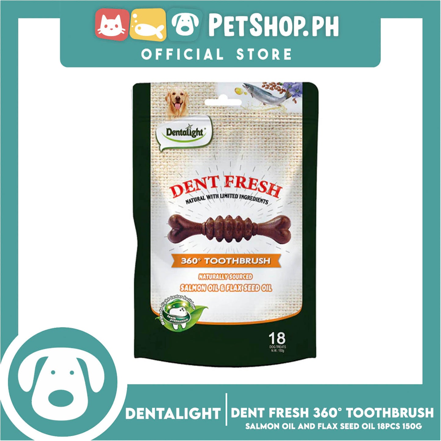 Dentalight Dent Fresh 360° Toothbrush Salmon Flaxseed Coat Care Dog Treats 150g