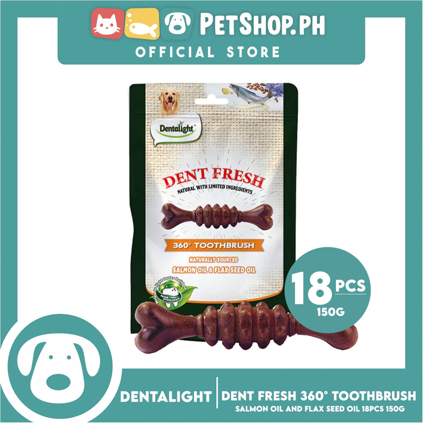 Dentalight Dent Fresh 360° Toothbrush Salmon Flaxseed Coat Care Dog Treats 150g
