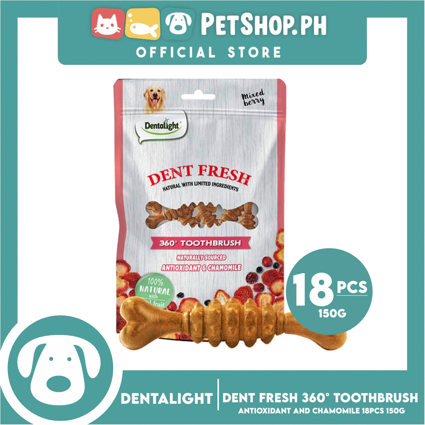 Dentalight Dent Fresh 360° Toothbrush Antioxidant and Chamomile Mixed Berry Dog Treats 150g